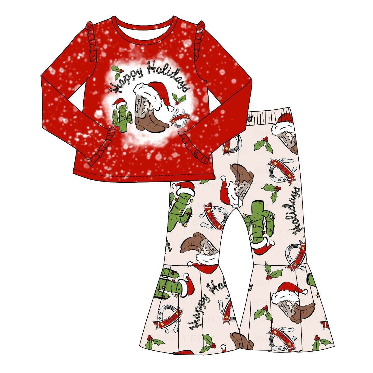 Pre-order Baby Girl Western Boots Cactus Red Shirt Bell Pants Christmas Set