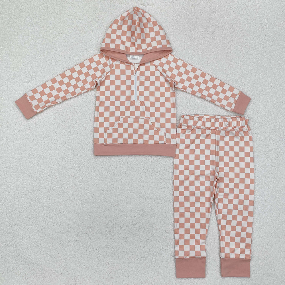 Boy Baby Girl Long Sleeves Checkered Zipper Hoodie Shirt Pants Sibling Clothes Set