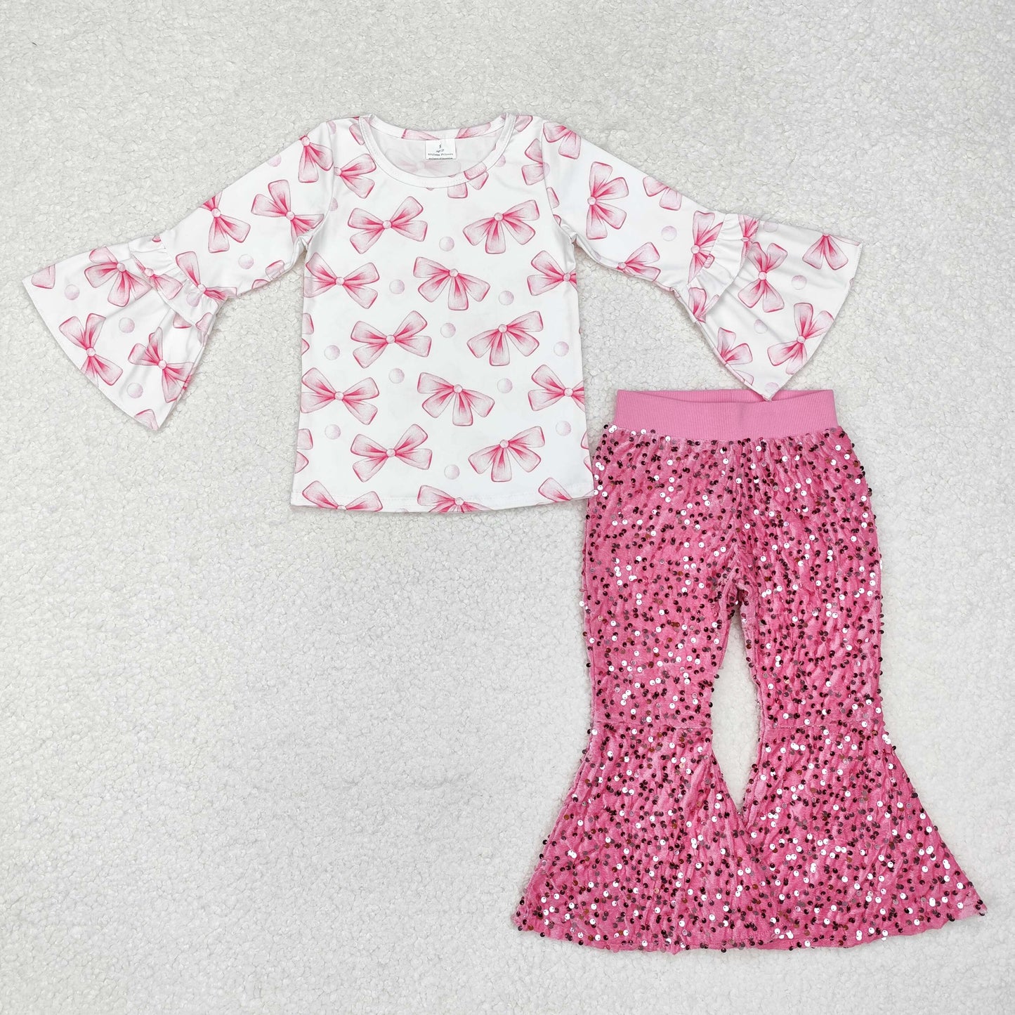 Sibling Baby Girls Long Sleeves Bows Tops Sequins Bell Pants Sets Clothes RTS
