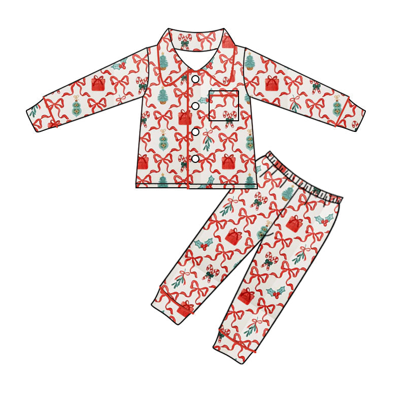 Pre-order Baby Girl Christmas Bows Gifts Buttons Shirt Pants Pajamas Clothes Set