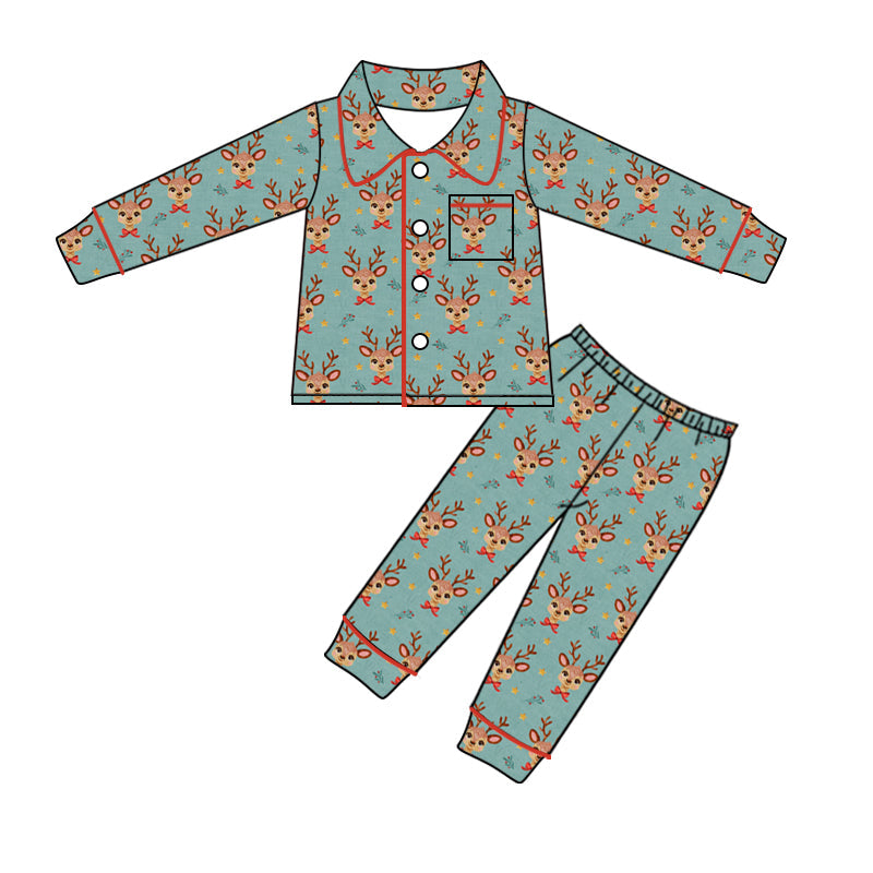 Pre-order Baby Boy Kids Christmas Reindeer Buttons Shirt Pants Pajamas Clothes Set