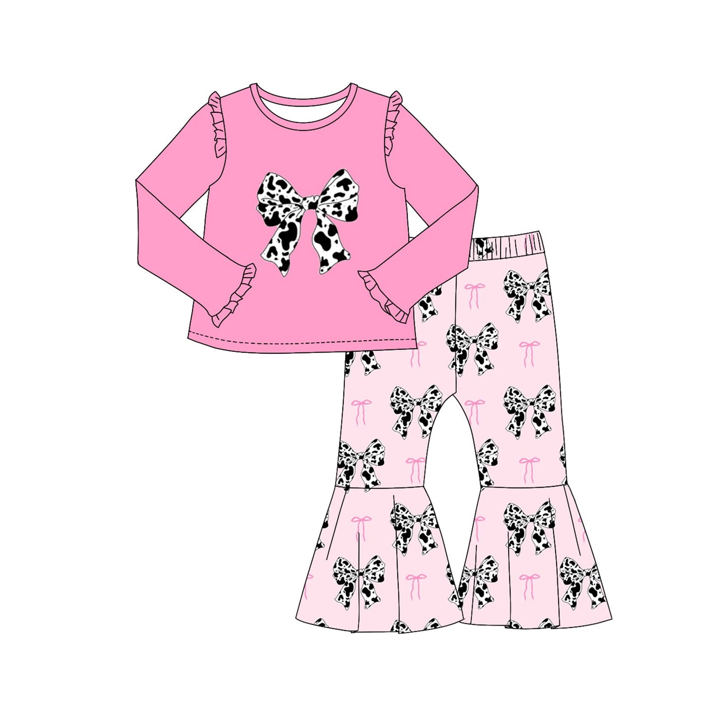 Pre-order Baby Girl Pink Shirt Western Bows Bell Pants Clothes Set