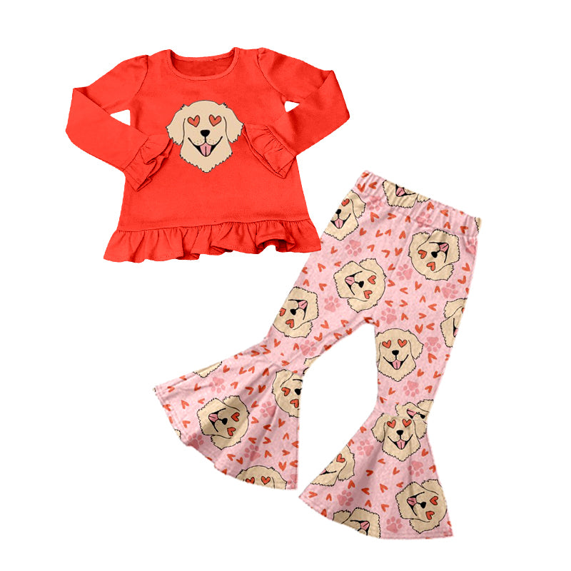 Pre-order Baby Girl Valentines Dog Shirt Hearts Bell Pants Clothes Set