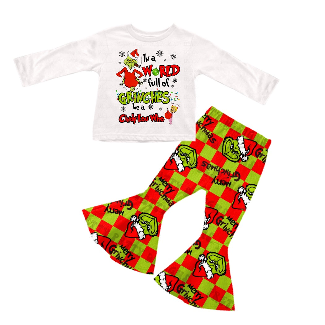 Pre-order Baby Girl Christmas Green Frog Shirt Checkered Bell Pants Clothes Set