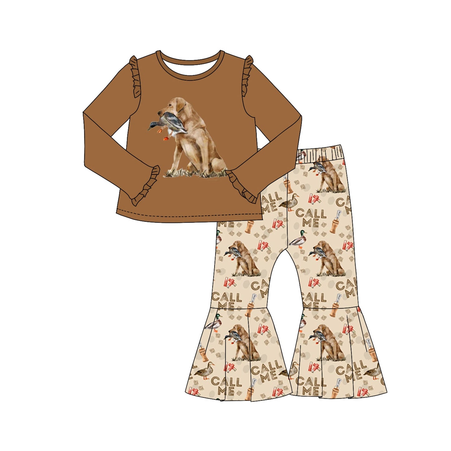Pre-order Baby Girl Brown Shirt Dog Duck Bell Pants Hunting Set