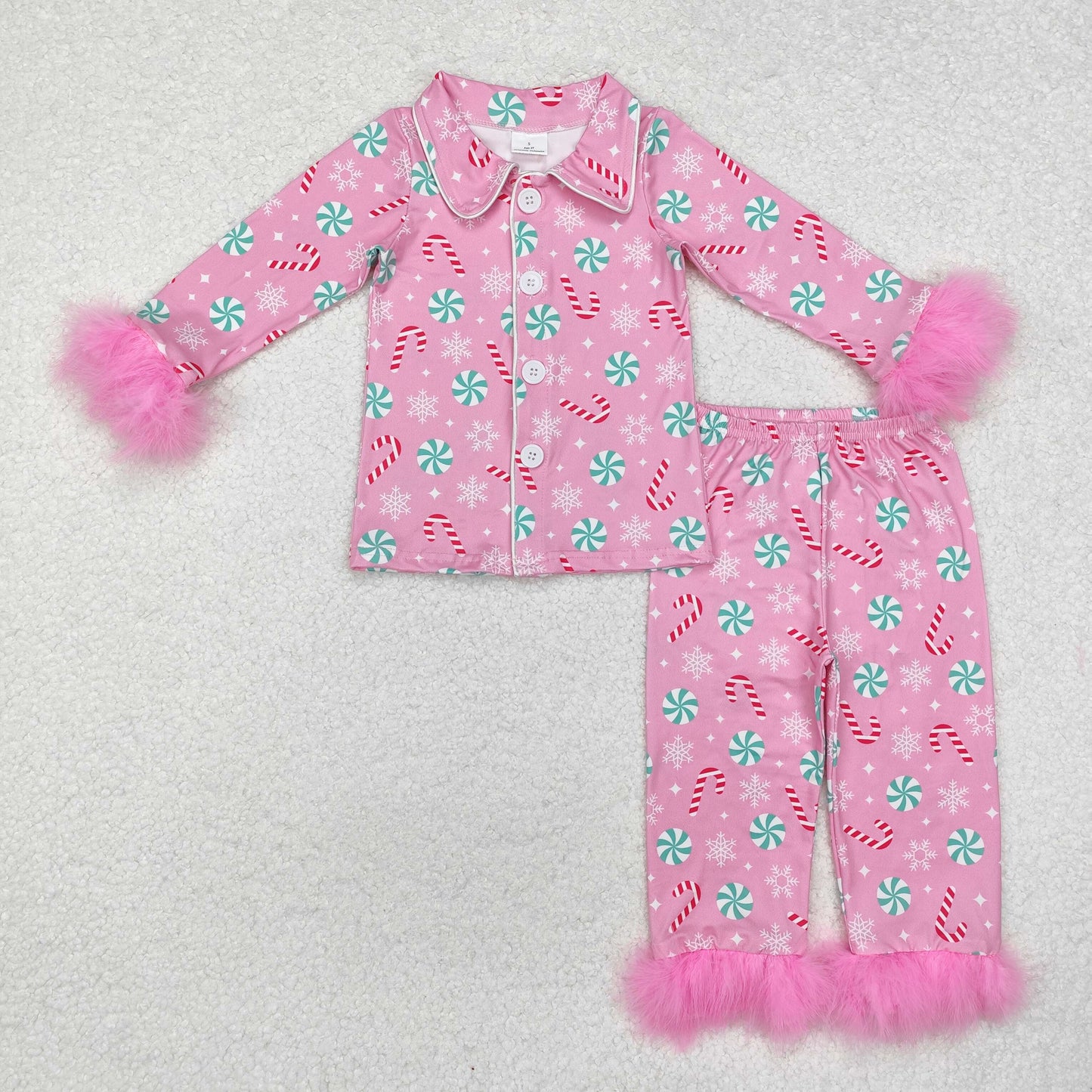 Girls Kids Fur Long Sleeves Bows Santa Buttons Shirt Pants Christmas Set Sibling Pajamas Clothes RTS