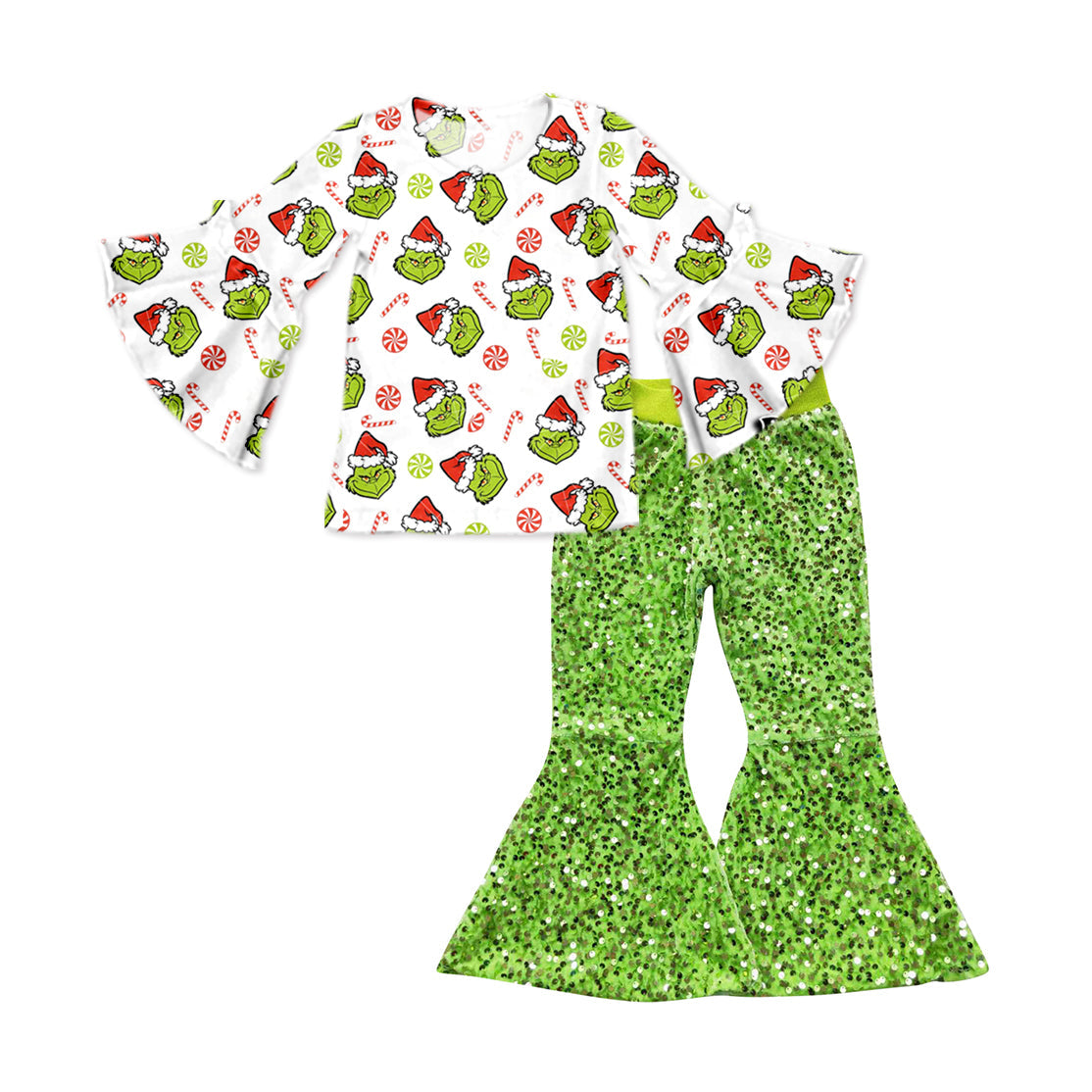 Pre-order Baby Girl Christmas Frog Tops Green Sequin Bell Pants Clothes Set