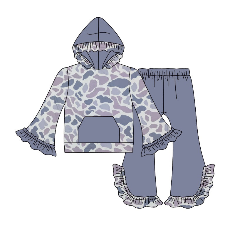 Pre-order Baby Girl Grey Camo Hoodie Shirt Ruffle Pants Clothes Set