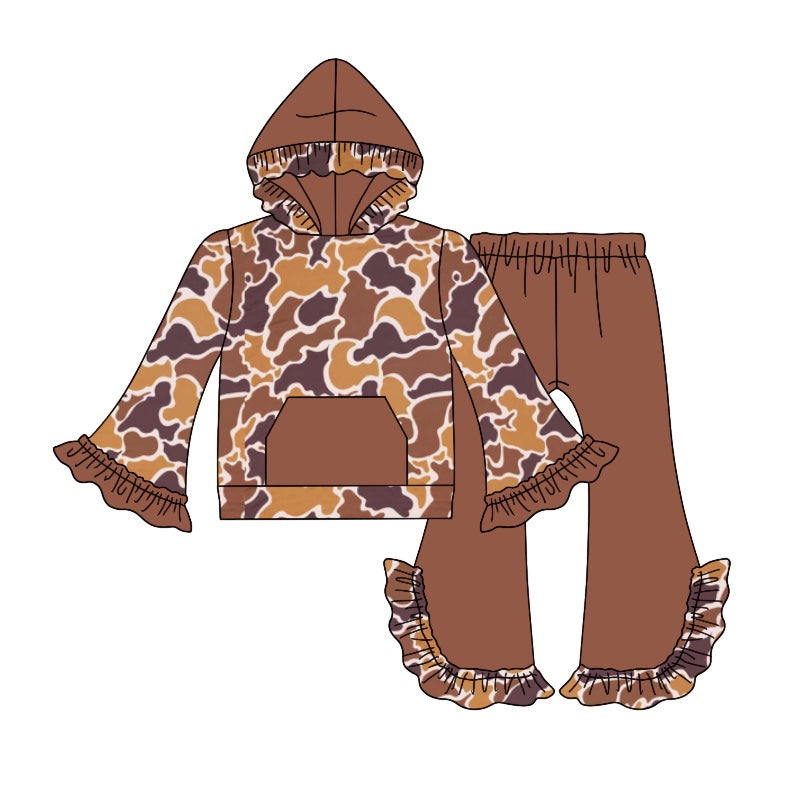 Pre-order Baby Girl Camo Hoodie Pocket Shirt Brown Ruffle Pants Clothes Set