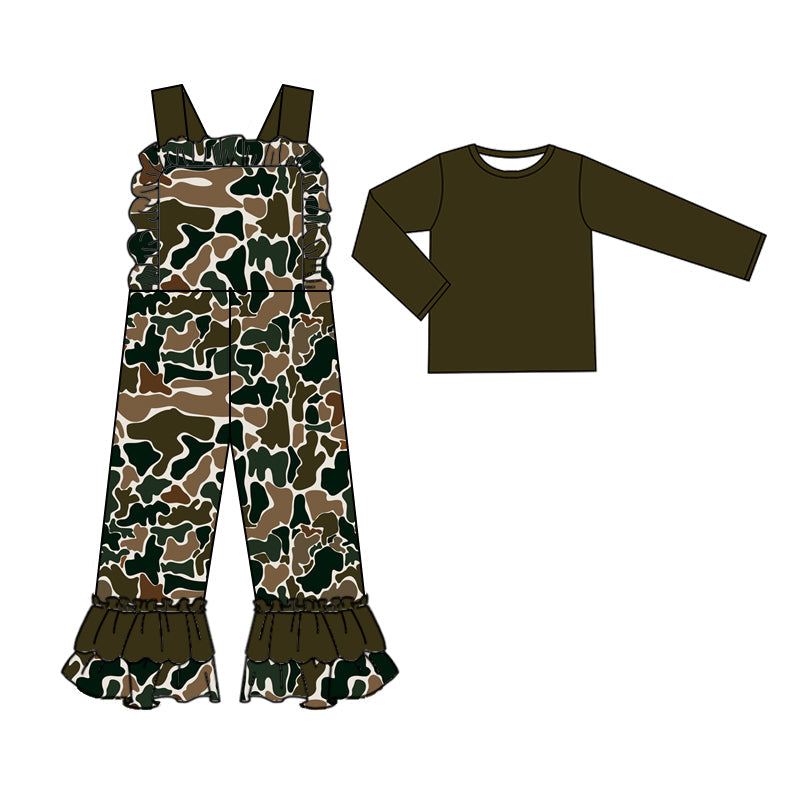 Pre-order Baby Girl Dark Brown Shirt Camo Straps Jumpsuit Clothes Set