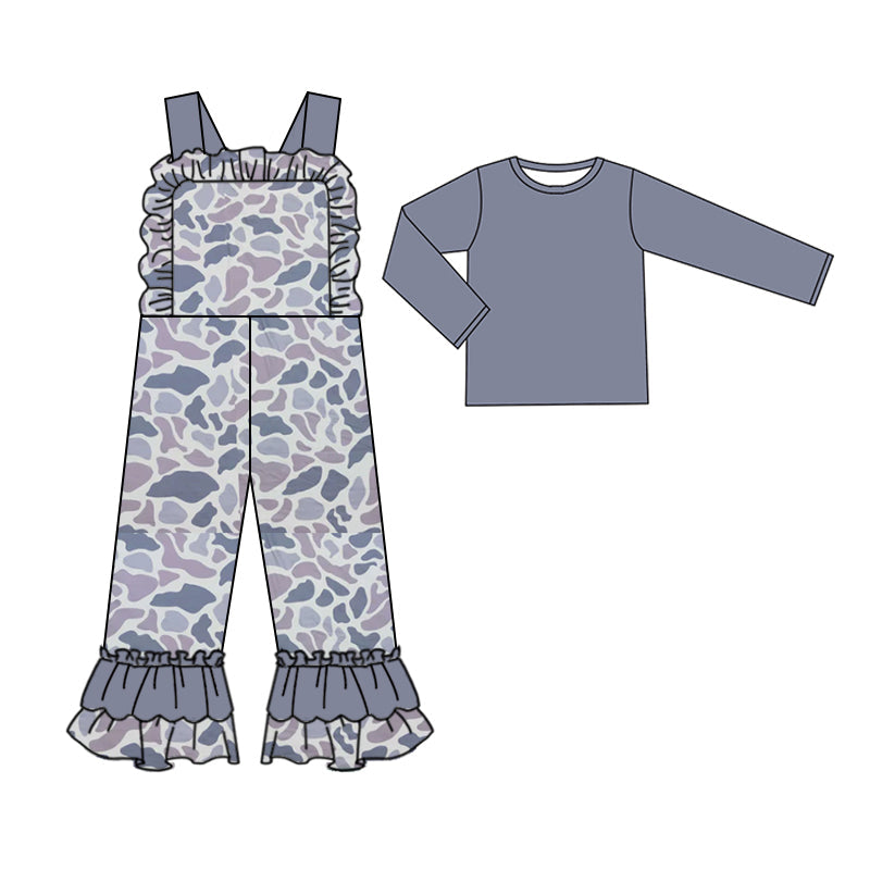 Pre-order Baby Girl Grey Shirt Camo Straps Jumpsuit Clothes Set