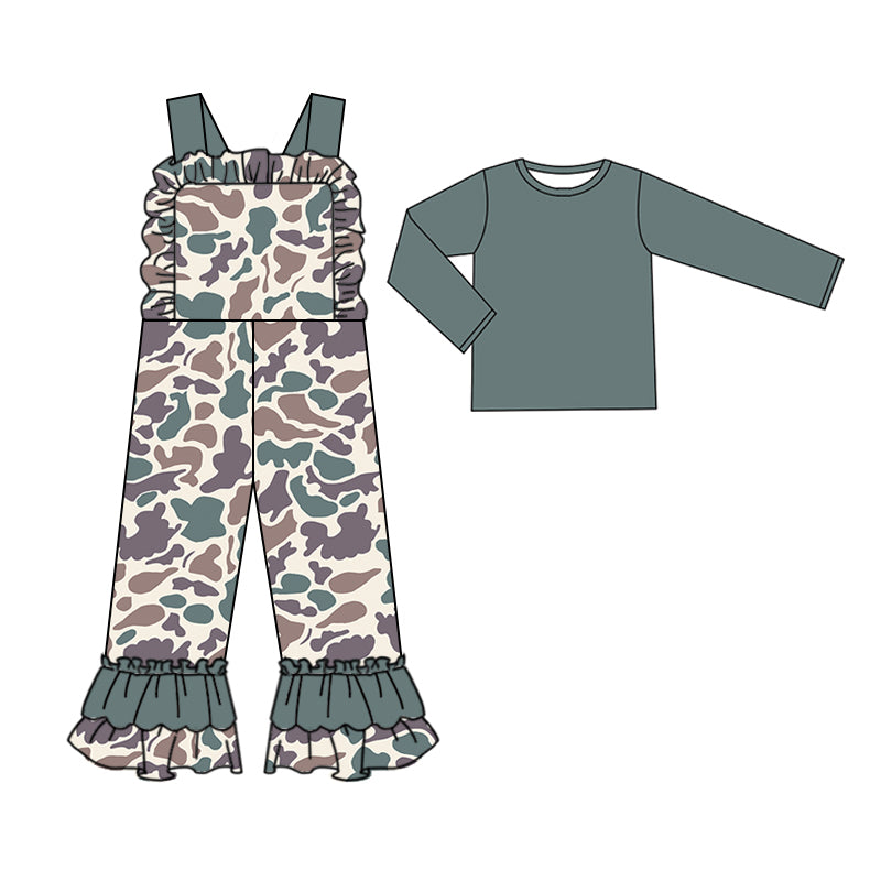 Pre-order Baby Girl Green Cotton Shirt Camo Straps Jumpsuit Clothes Set