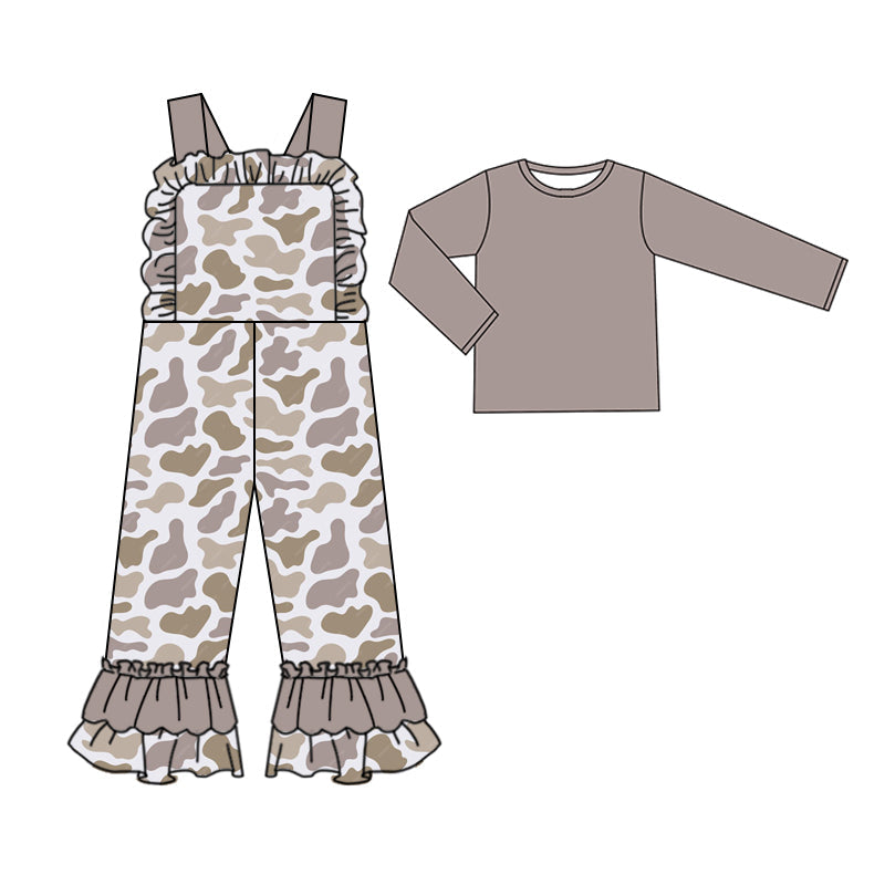 Pre-order Baby Girl Light Grey Shirt Camo Straps Jumpsuit Clothes Set