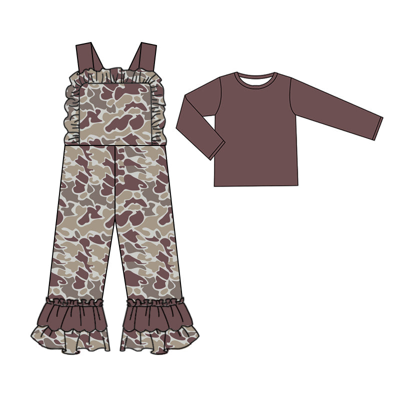 Pre-order Baby Girl Brown Cotton Shirt Camo Straps Jumpsuit Clothes Set