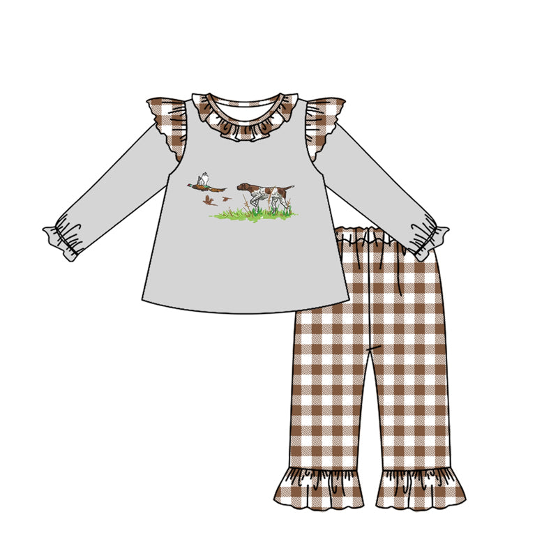 Pre-order Baby Girl Dog Duck Grey Tunic Plaid Pants Hunting Clothes Set
