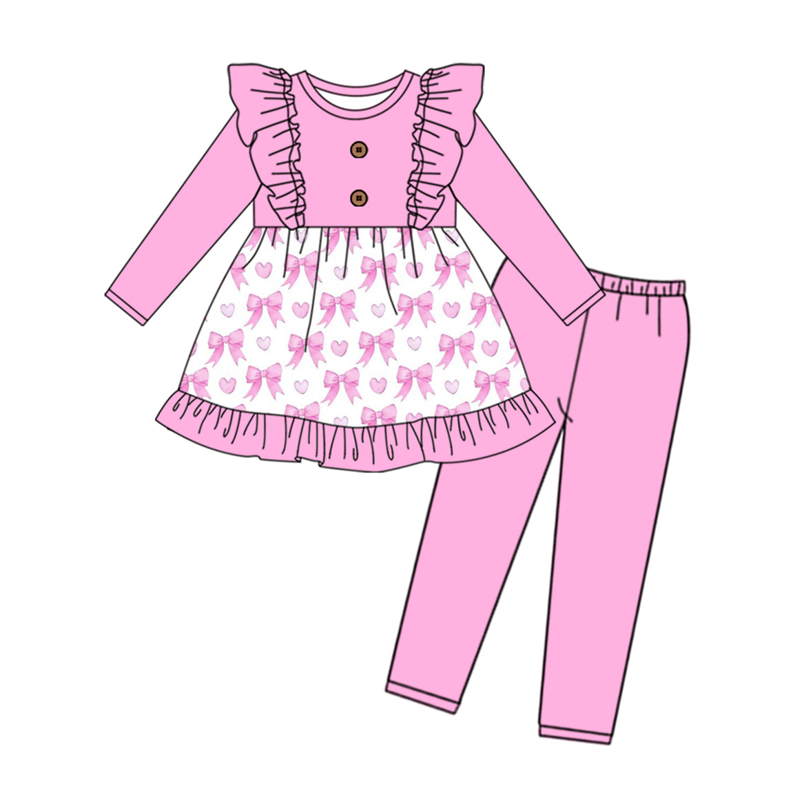 Pre-order Baby Girl Bows Ruffle Tunic Pink Legging Pants Clothes Set