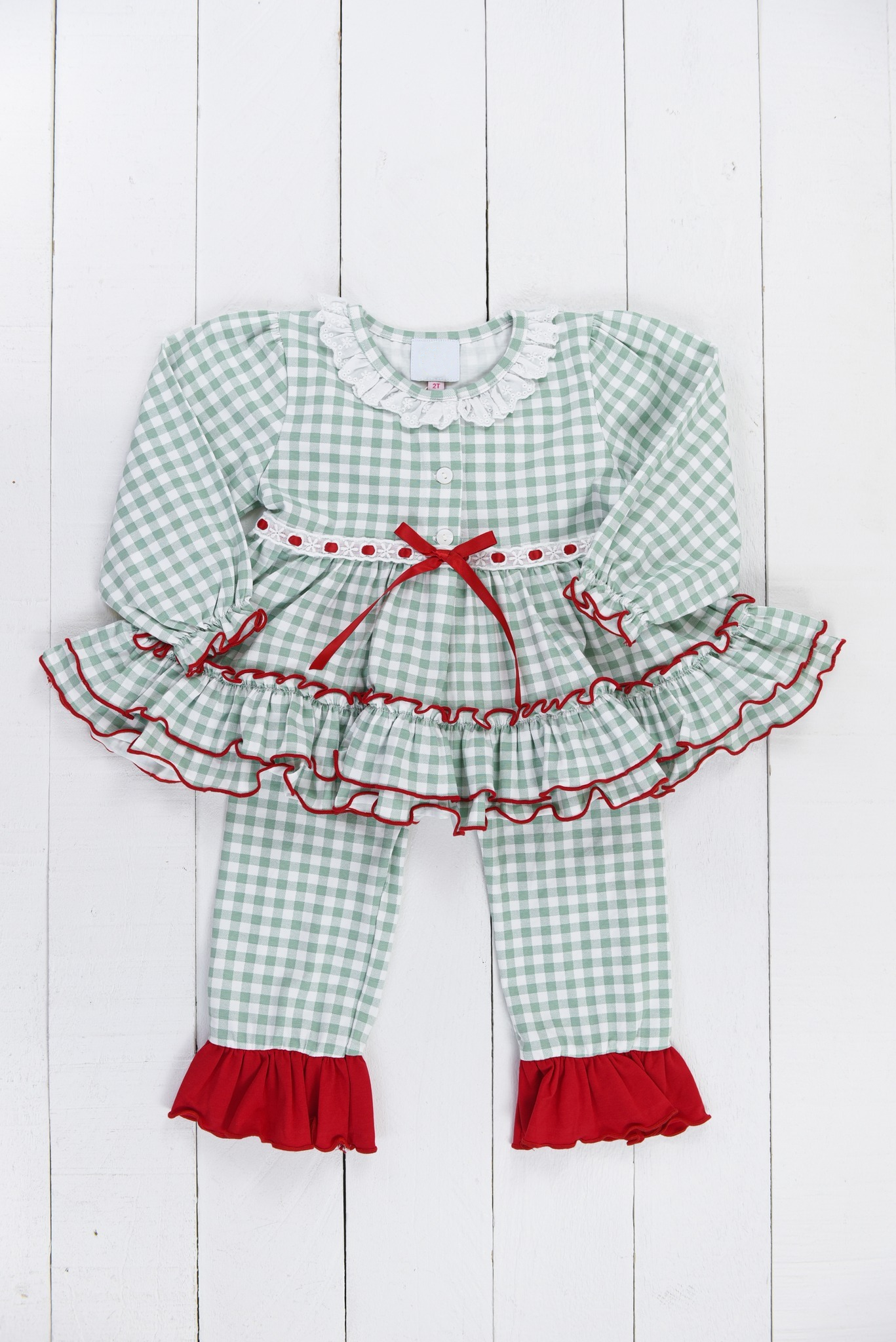 Pre-order Baby Girl Green Checkered Tunic Ruffle Pants Clothes Set