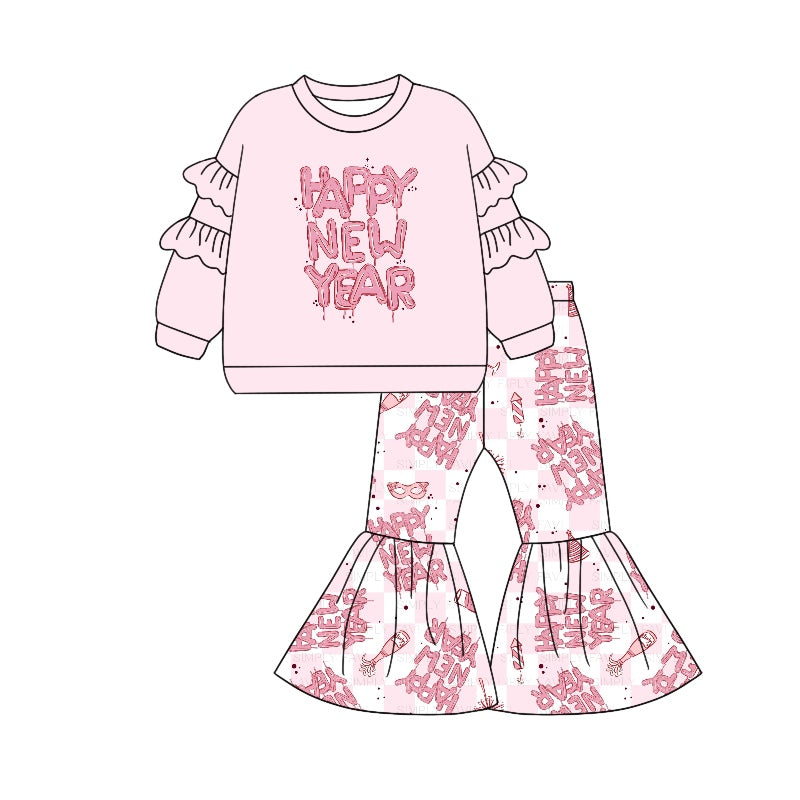 Pre-order Baby Girl Happy New Year Pink Shirt Bell Pants Clothes Set