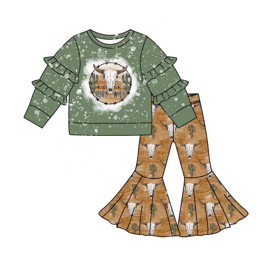 Pre -order Baby Girl Western Wild Cow Green Shirt Bell Pants Clothes Set