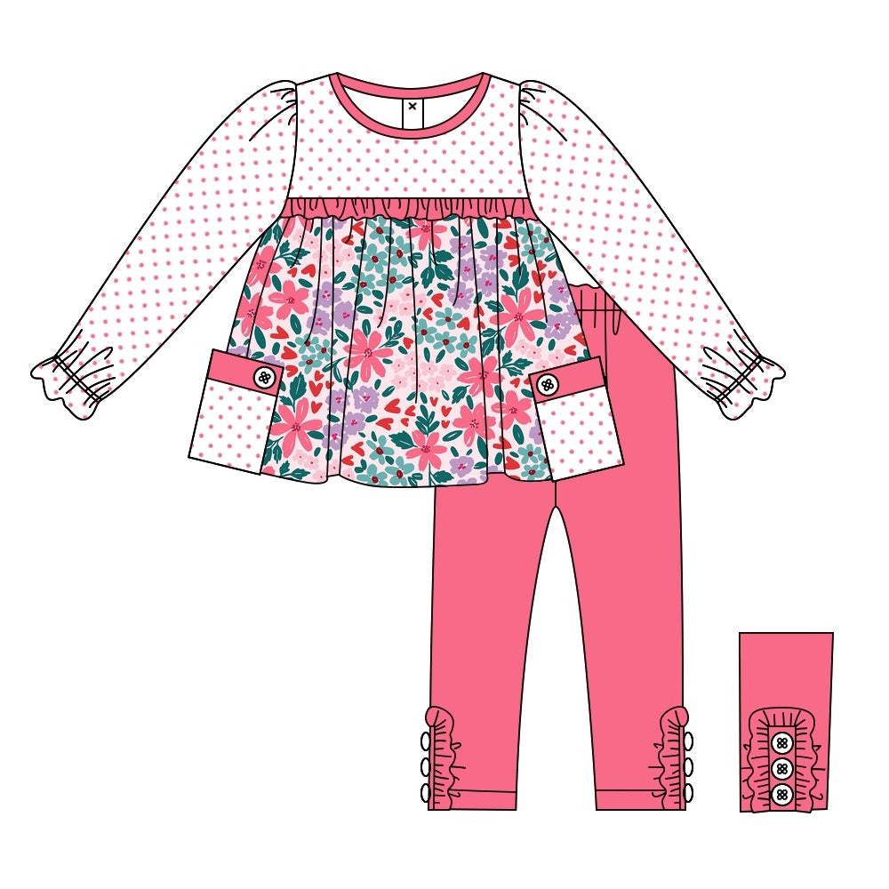 Pre-order Baby Girl Dots Flower Pocket Tunic Pink Legging Clothes Set