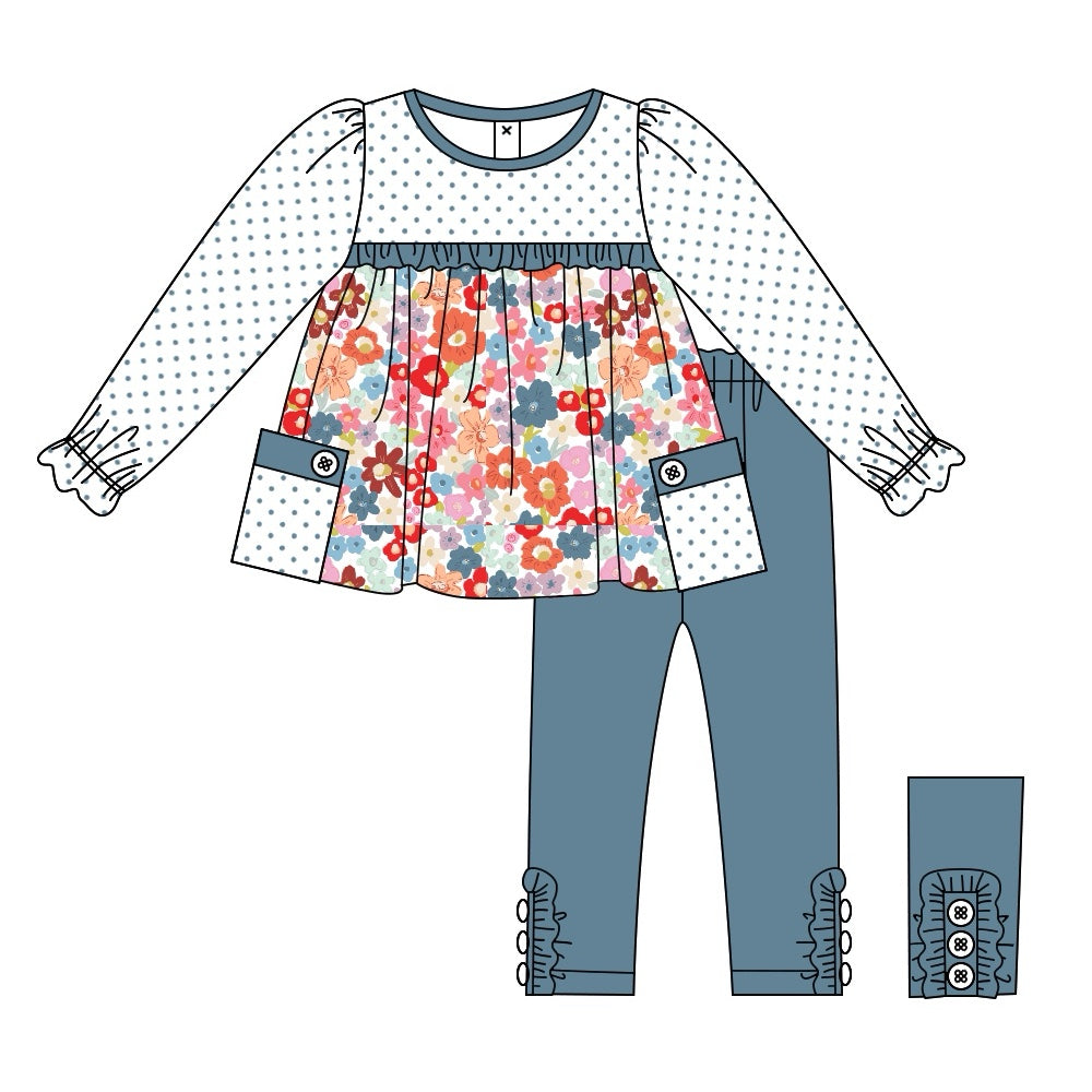 Pre-order Baby Girl Dots Flower Pocket Tunic Legging Clothes Set