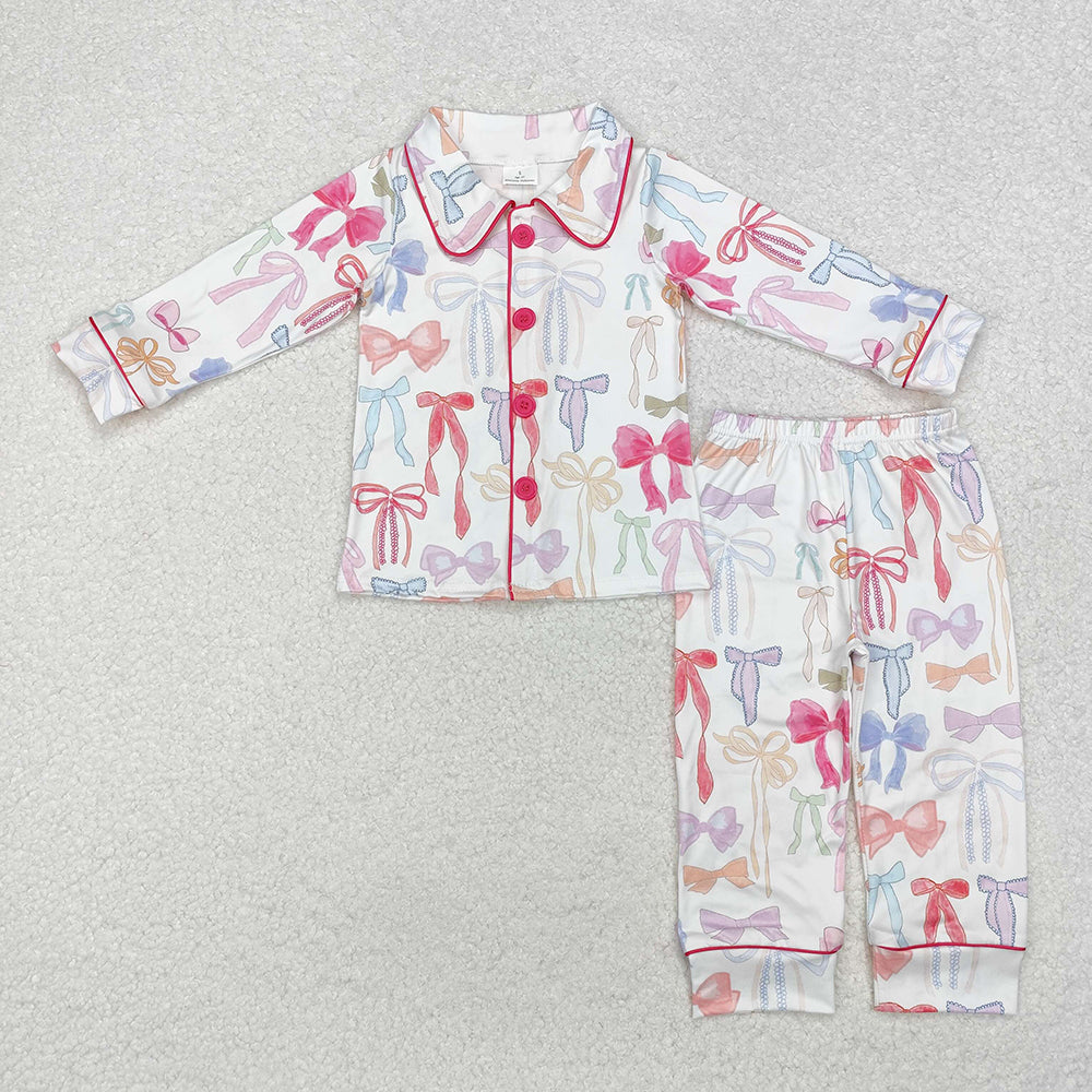 Mommy And Me Baby Girl Long Sleeves Colorful Bows Buttons Shirt Pants Pajamas Clothes Set