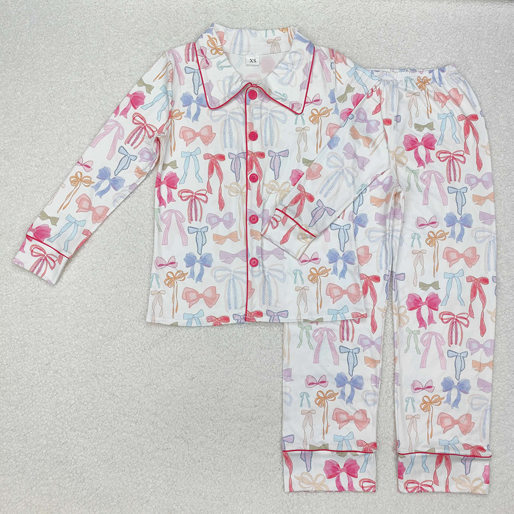 Mommy And Me Baby Girl Long Sleeves Colorful Bows Buttons Shirt Pants Pajamas Clothes Set