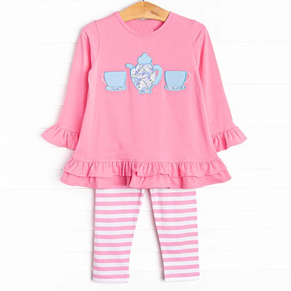 Pre-order Baby Girl Toddler Cups Pink Tunic Stripes Pants Clothes Set