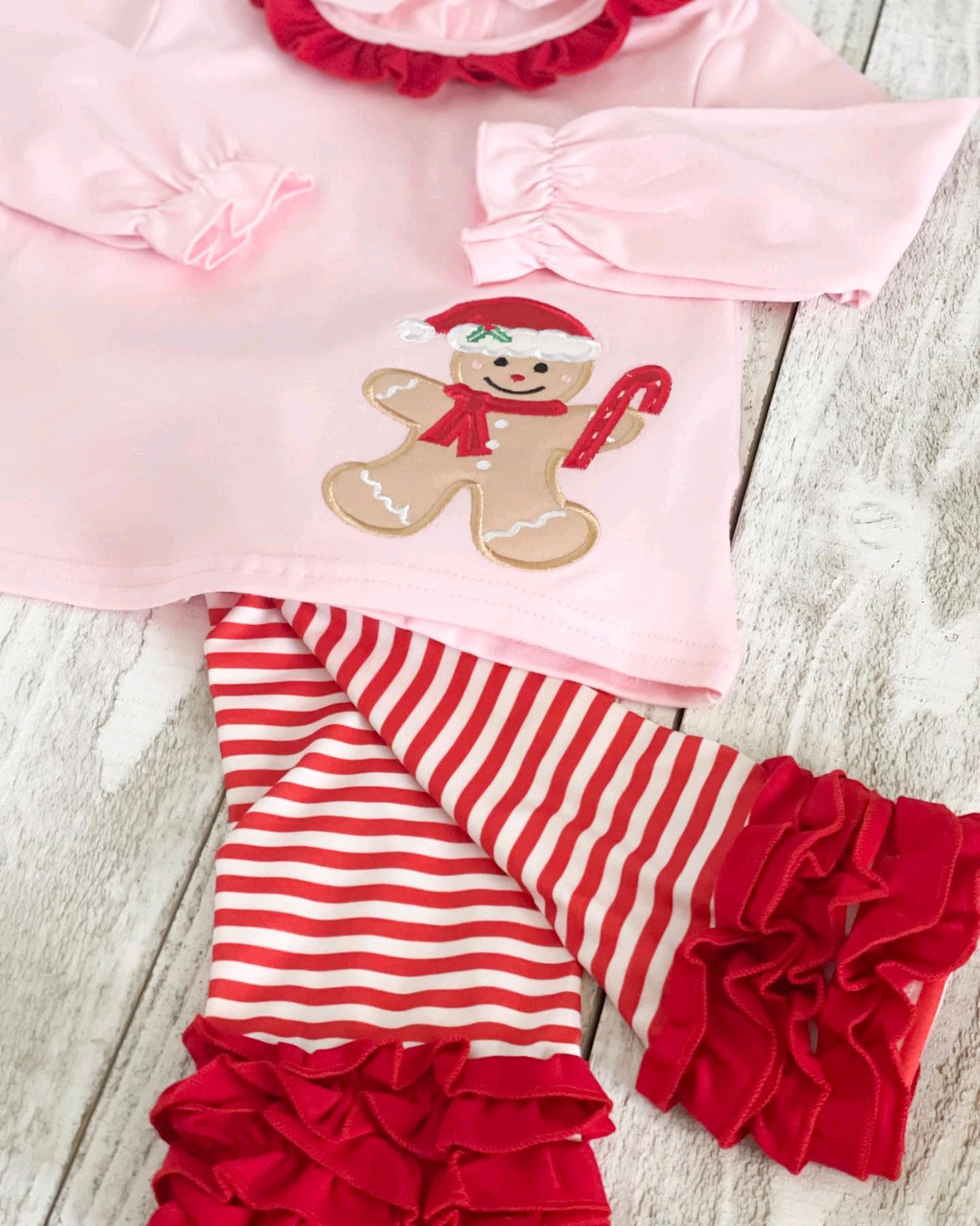 Pre-order Baby Girl Christmas Gingerbread Pink Shirt Stripes Pants Clothes Set