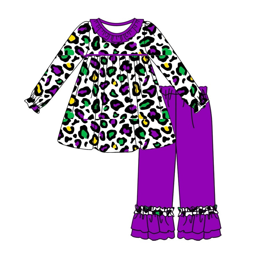 Pre-order Baby Girl Mardi Gras Leopard Tunic Ruffle Purple Pants Clothes Set