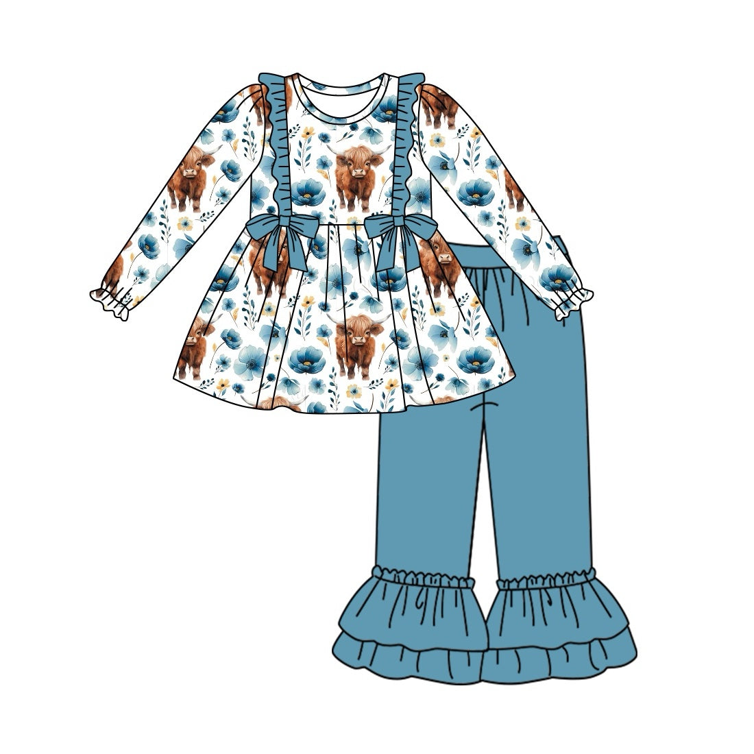 Pre-order Baby Girl Highland Cow Tunic Blue Ruffle Pants Clothes Set