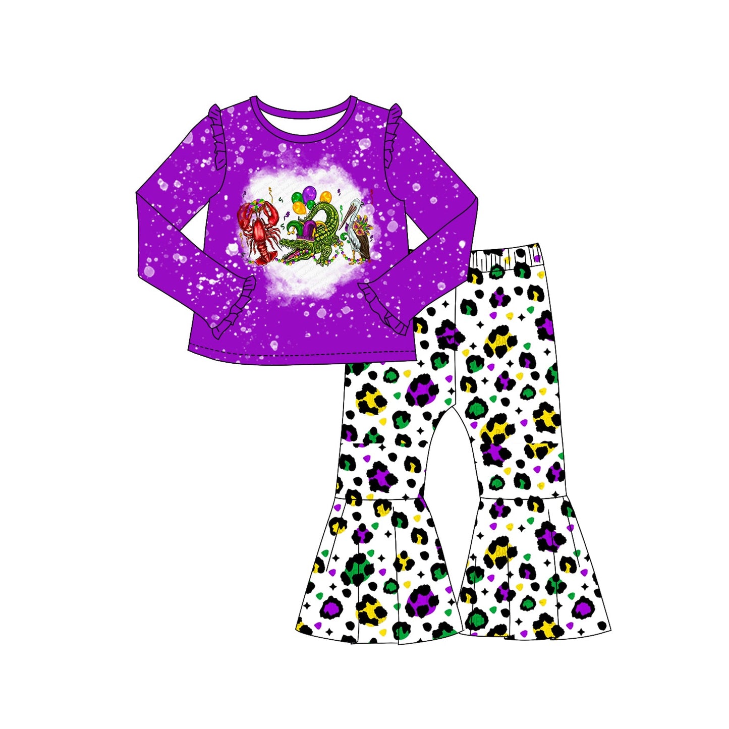 Pre-order Baby Girl Mardi Gras Crawfish Purple Shirt Leopard Bell Pants Clothes Set