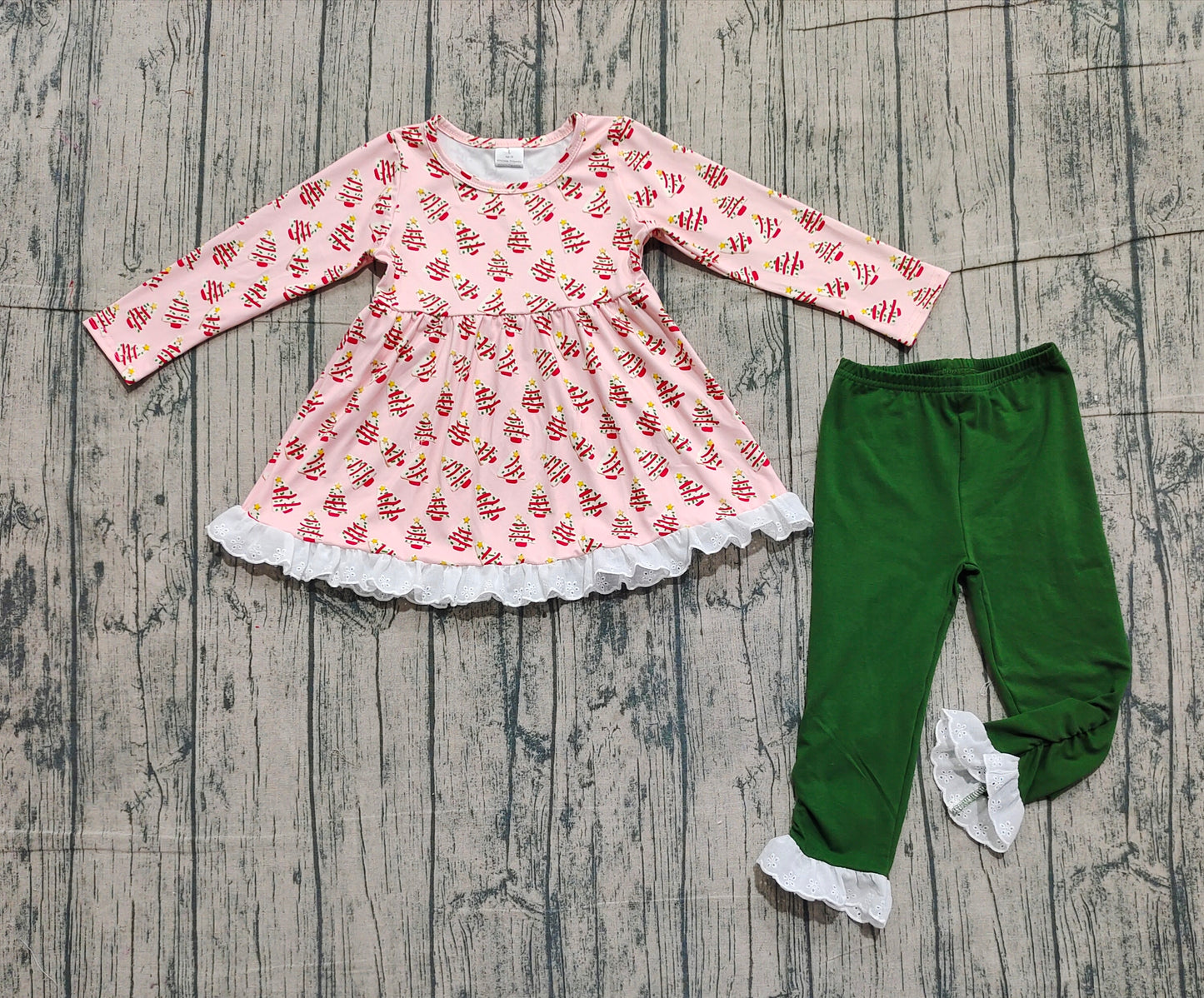 ( No moq ) Preorder Baby Girl Christmas Tree Cake Tunic Green Legging Clothes Set