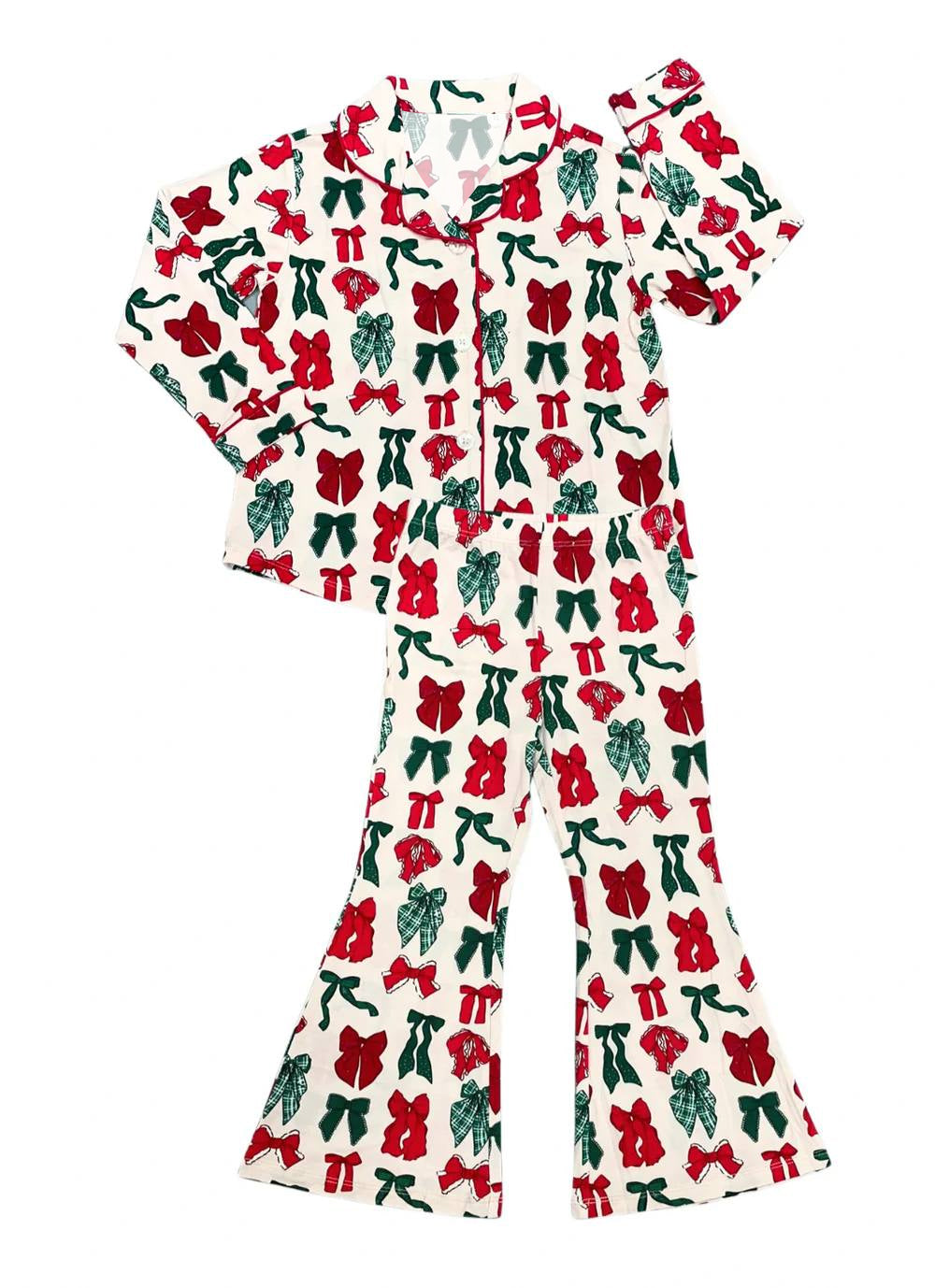 Pre-order Baby Girl Christmas Bows Buttons Shirt Pants Pajamas Clothes Set