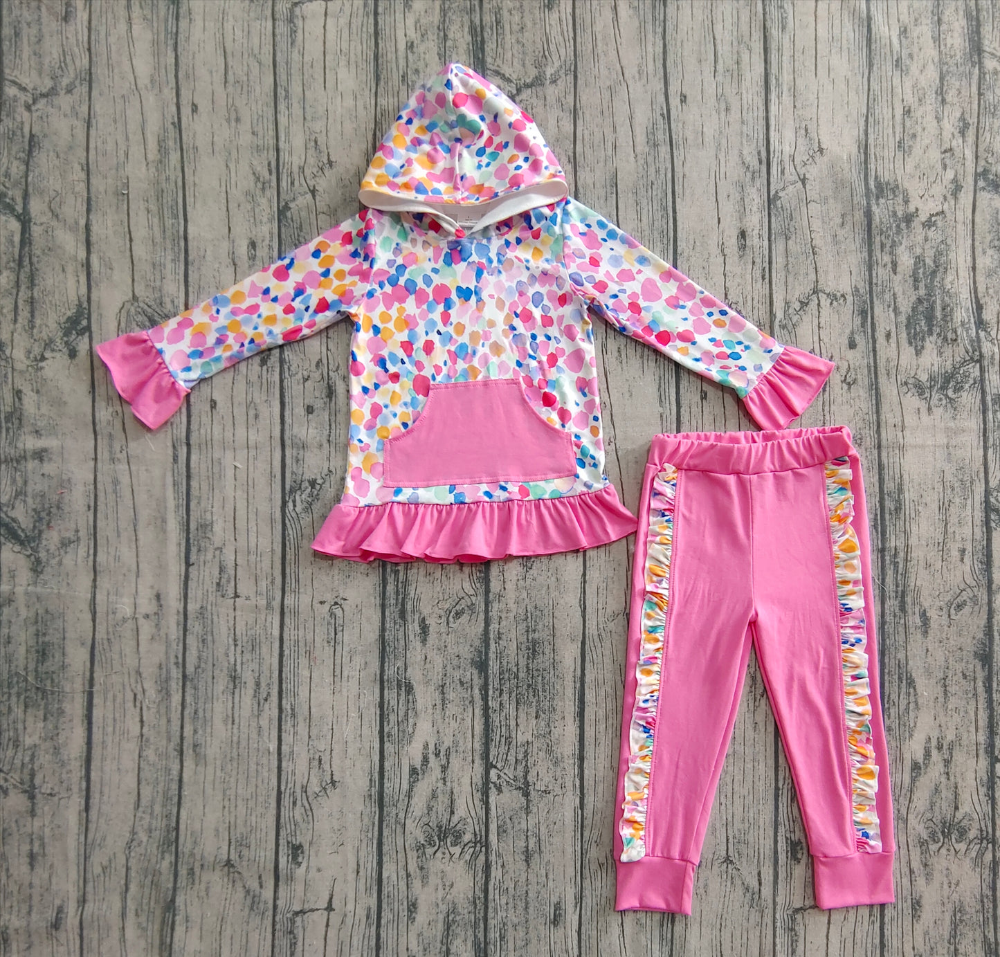 Baby Girl Long Sleeves Colorful Leopard Hoodie Shirt Pink Pants Clothes Set RTS