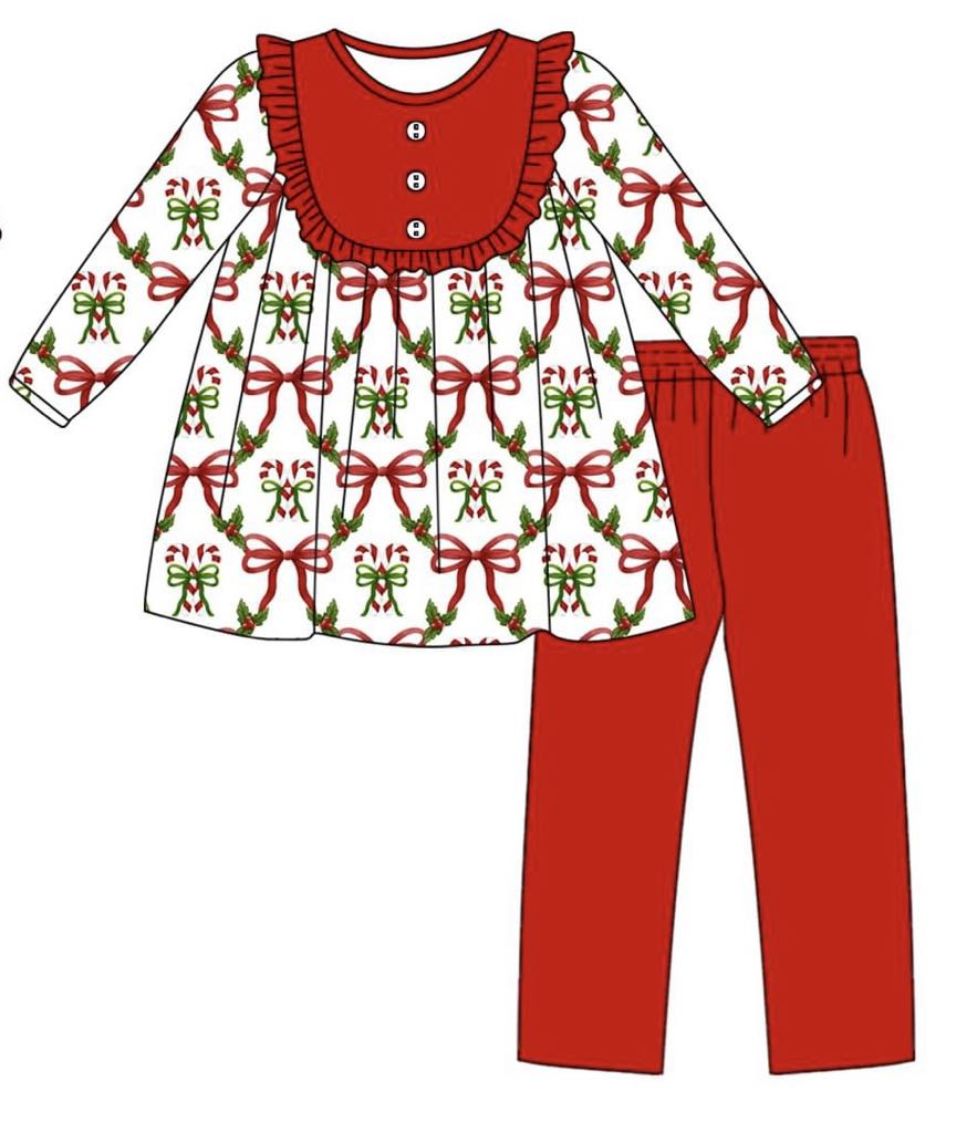 Pre-order Baby Girl Christmas Bows Tunic Red Pants Clothes Set