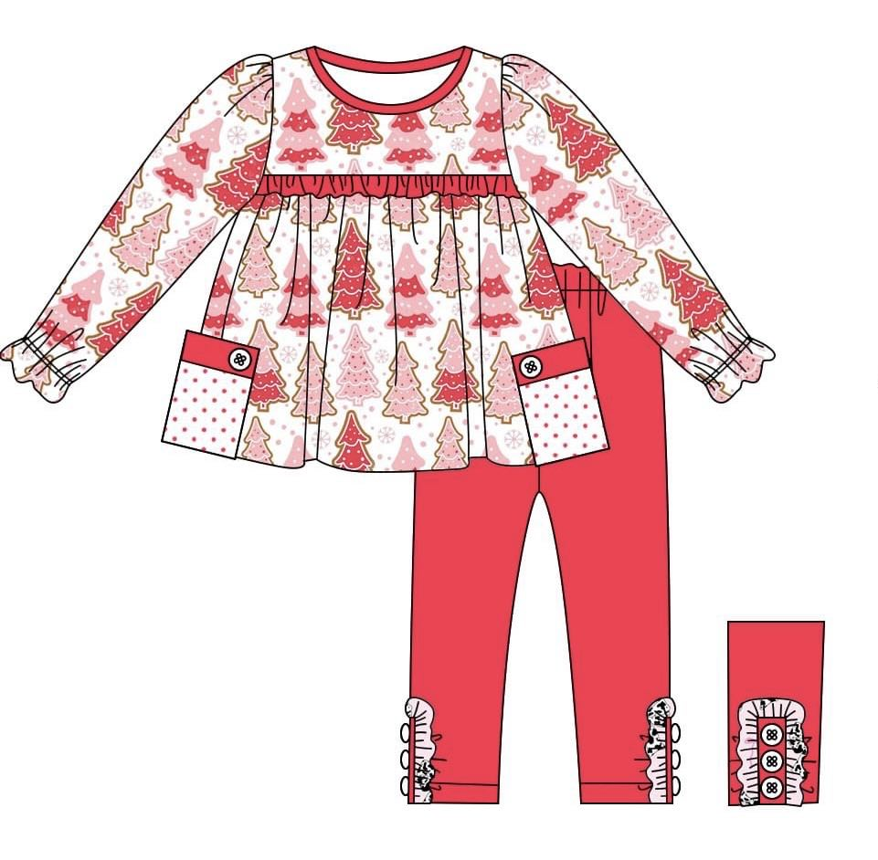 Pre-order Baby Girl Long Sleeves Tree Tunic Red Pants Christmas Clothes Set