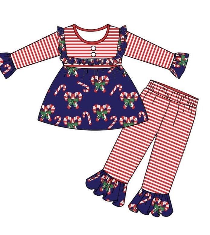 Pre-order Baby Girl Candy Cane Tunic Stripes Pants Christmas Clothes Set