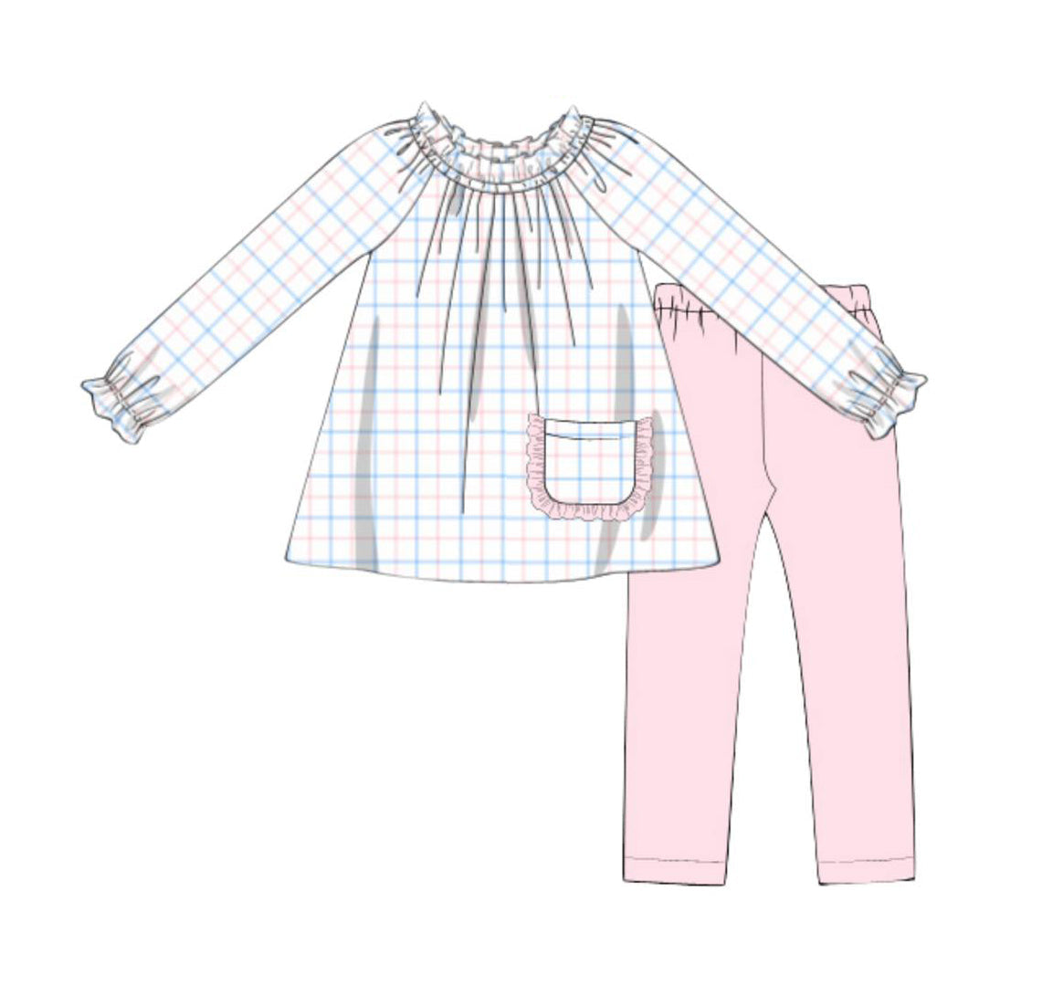 Pre-order Baby Girl Long Sleeves Plaid Pocket Tunic Pink Pants Clothes Set