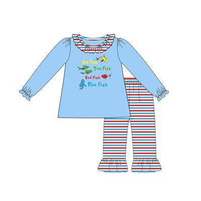 Pre-order Baby Girl Blue Long Sleeves Dr Reading Tops Stripes Clothes Set