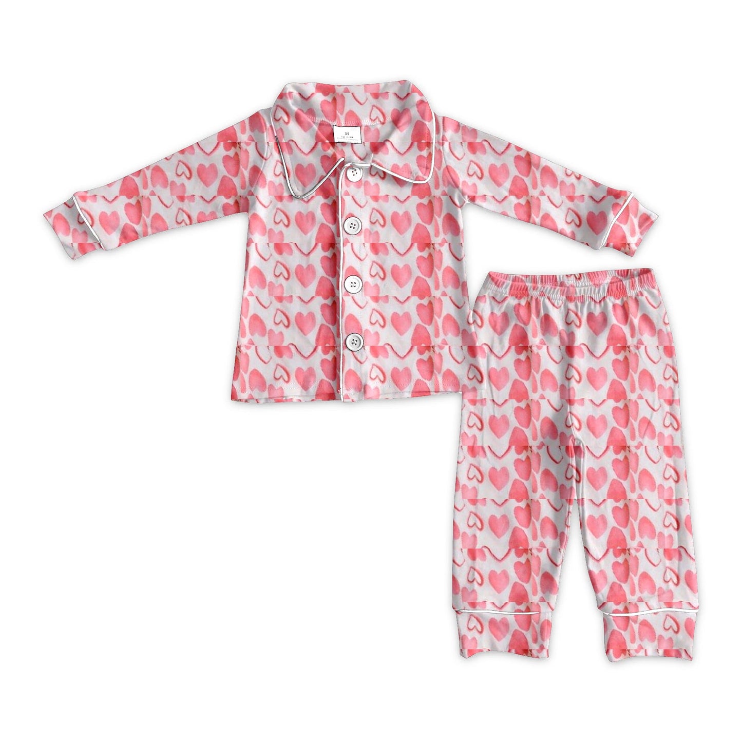 Pre-order Baby Girl Long Sleeves Hearts Buttons Shirt Pants Valentines Pink Pajamas Set