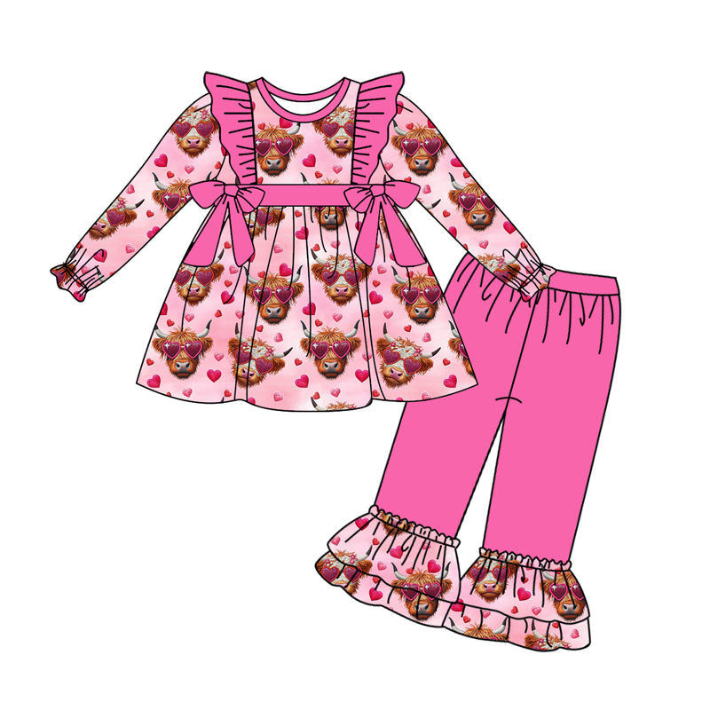 Pre-order Baby Girl Valentines Cow Hearts Bows Tunic Ruffle Pants Clothes Set