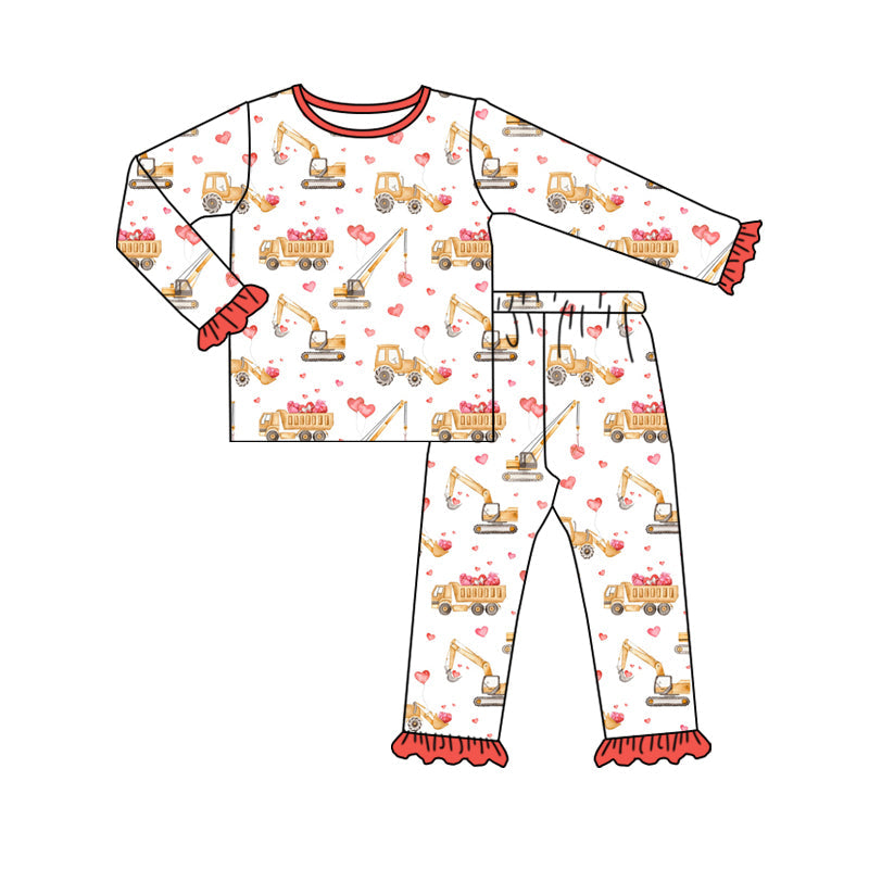 Pre-order Baby Girl Long Sleeves Valentine Tractors Hearts Shirt Pants Pajamas Clothes Set