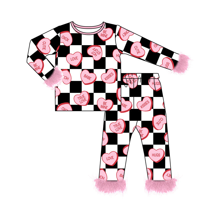 Preorder Baby Girl Valentines Hearts Checkered Fur Shirt Pants Pajamas Clothes Set