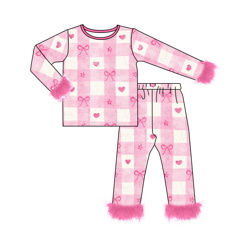 Preorder Baby Girl Pink Bows Checkered Fur Shirt Pants Pajamas Clothes Valentine Set