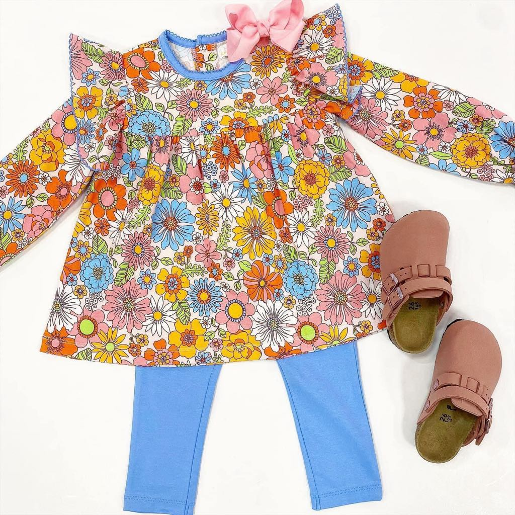 Preorder Baby Girl Long Sleeves Flower Tunic Blue Legging Pants Set