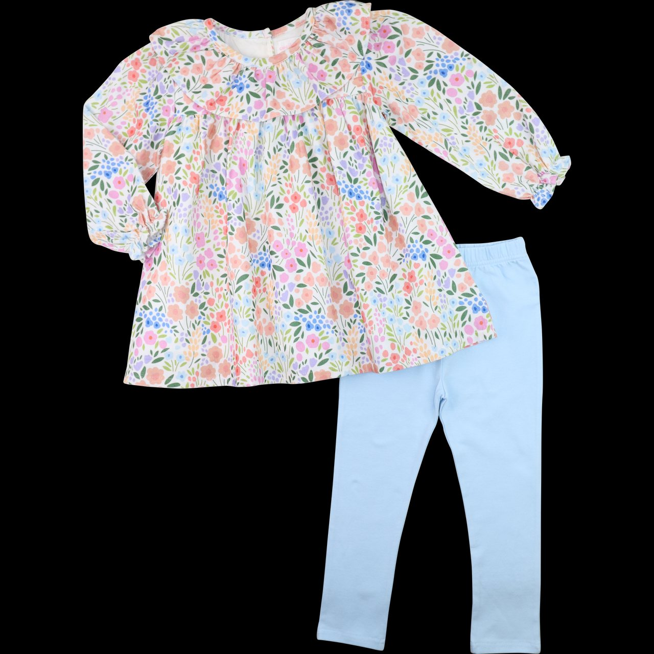 Preorder Baby Girl Long Sleeves Flower Tunic Blue Legging Pants Clothes Set
