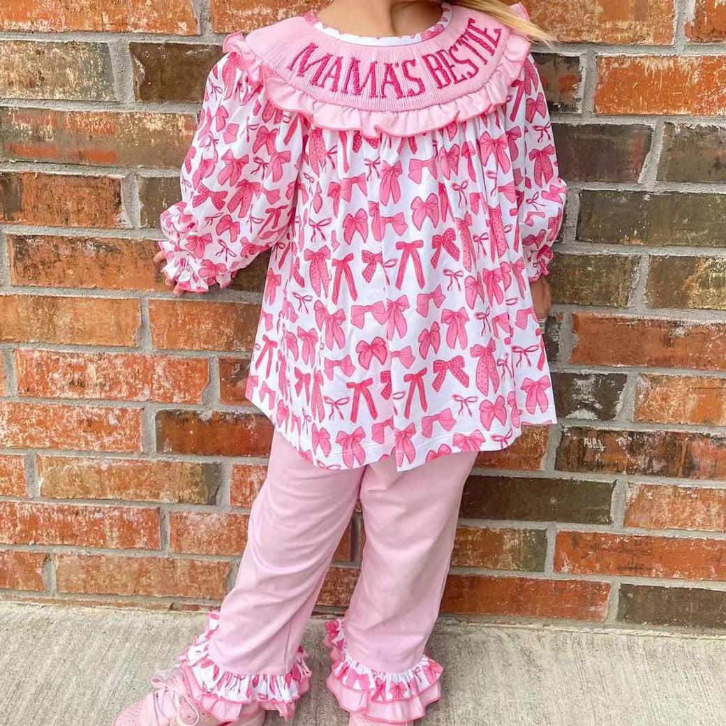 Preorder Baby Girl Long Sleeves Bows Mama's Bestie Tunic Ruffle Pink Pants Clothes Set