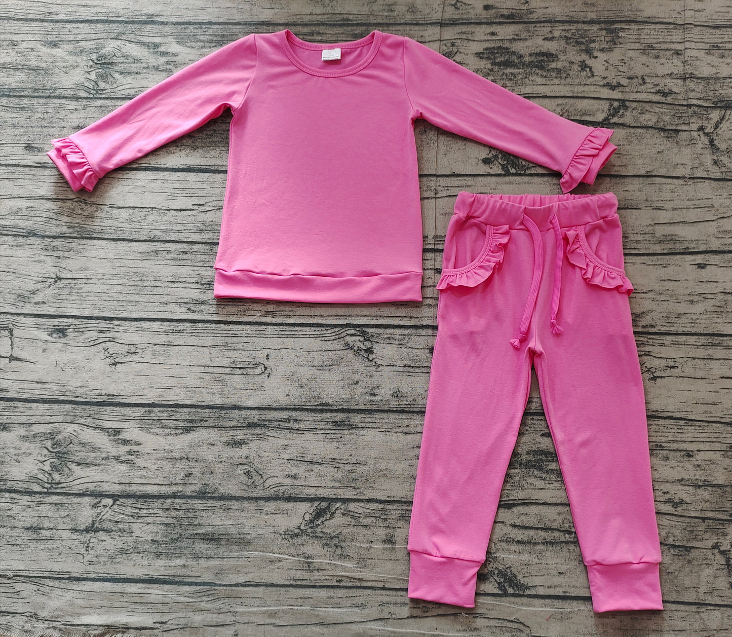 Baby Girl Long Sleeves Hot Pink Shirt Ruffle Pocket Pants Jogger Clothes Set