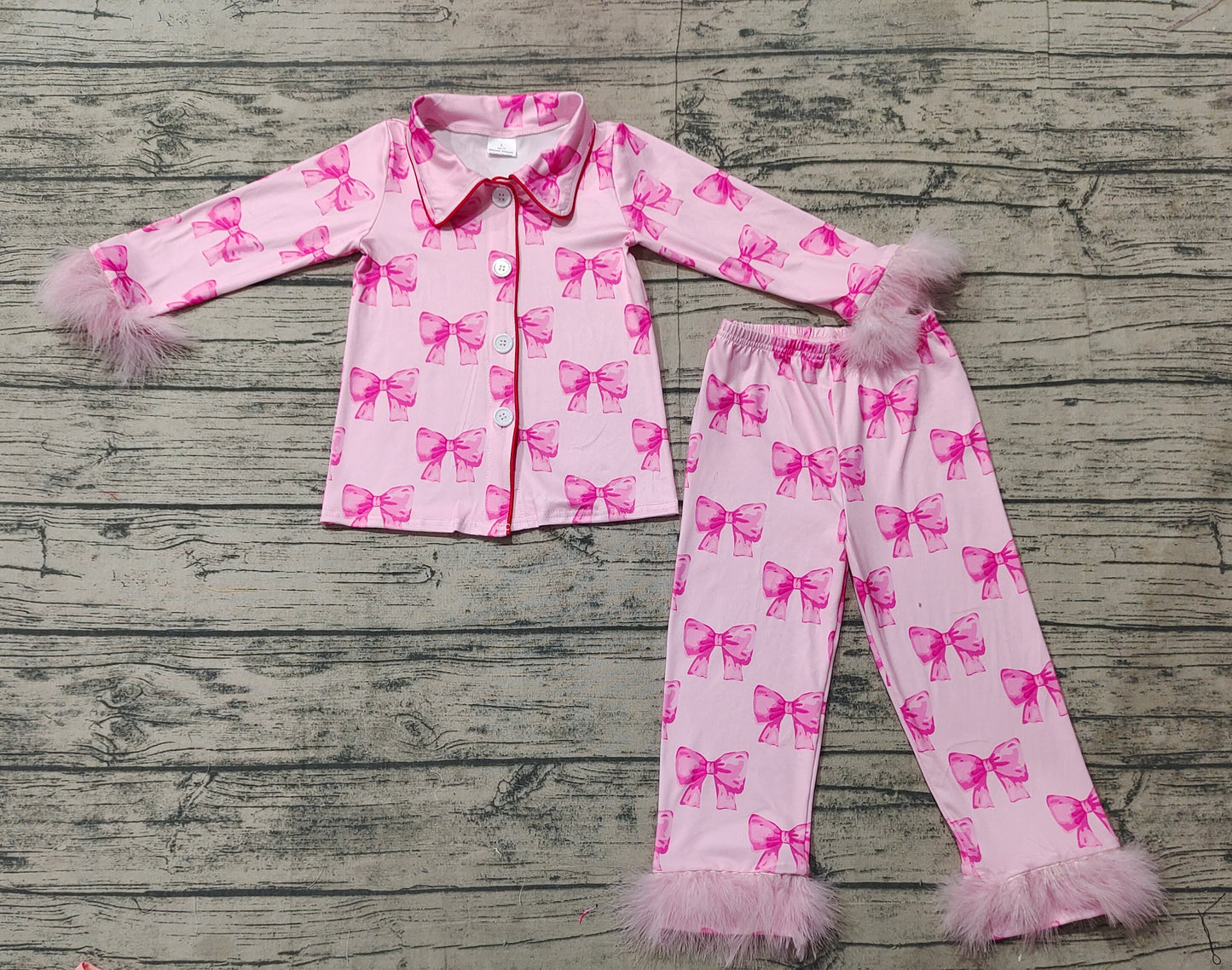 Baby Girl Fur Long Sleeves Pink Bows Buttons Shirt Pants Pajamas Clothes Set